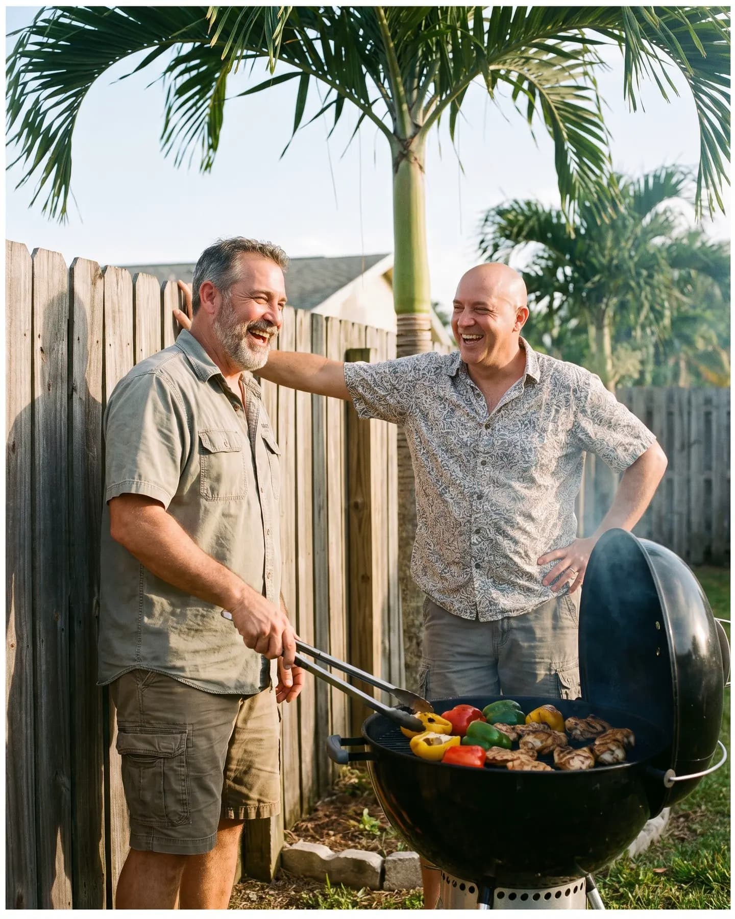 Two friends laughing at a backyard grill