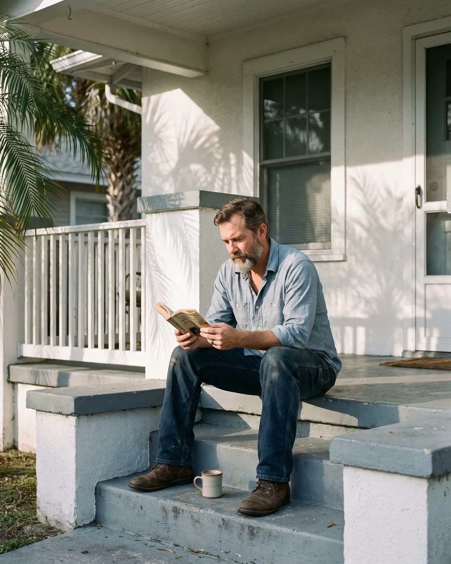 A man sitting on his front porch steps, reading his phone