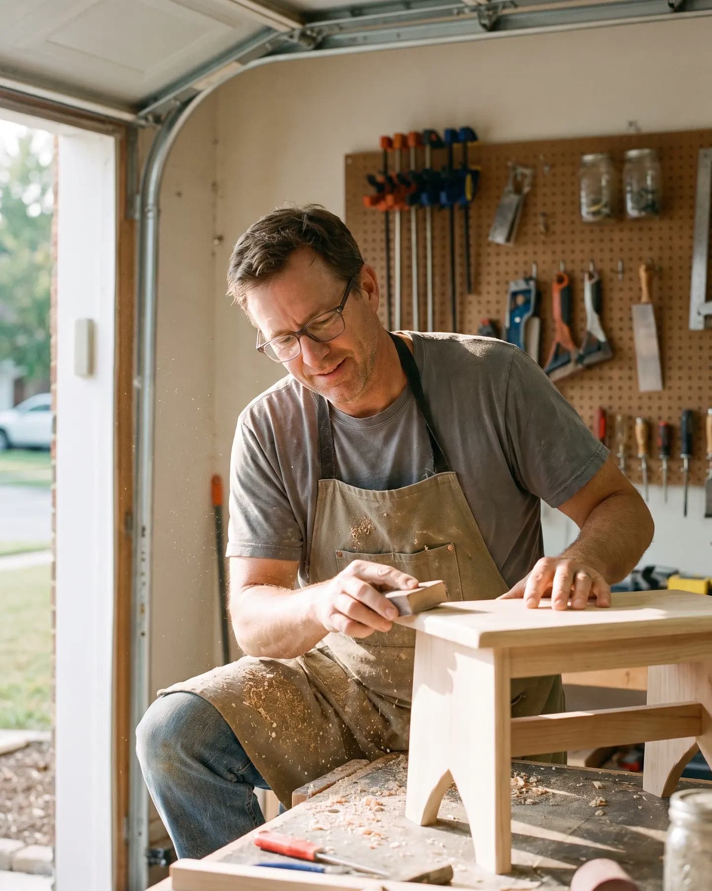 A man working at a woodworking bench in his garage